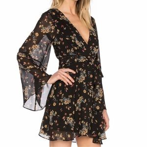 Free People Lilou Printed Black Floral V Neck Bell Sleeves Dress